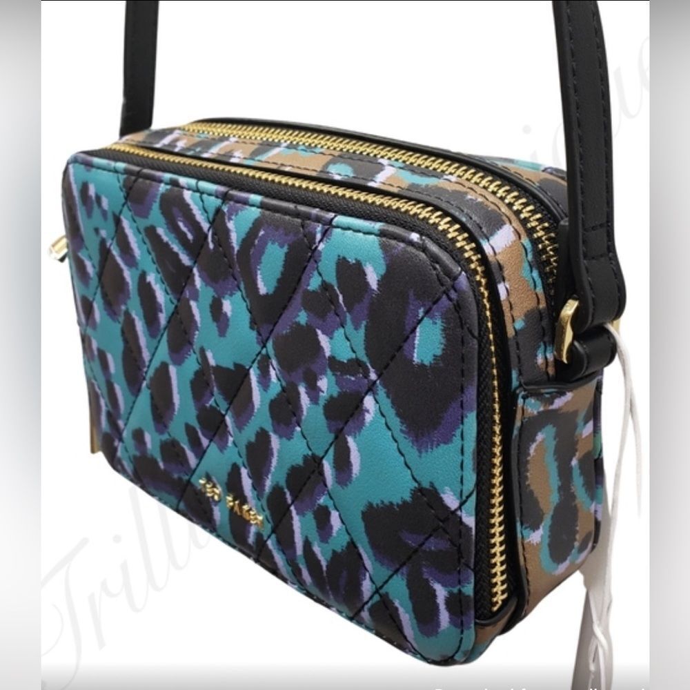 NWT TED BAKER LONDON Bag Crossbody Camera Olive Quiltt Leopard Faux Leather